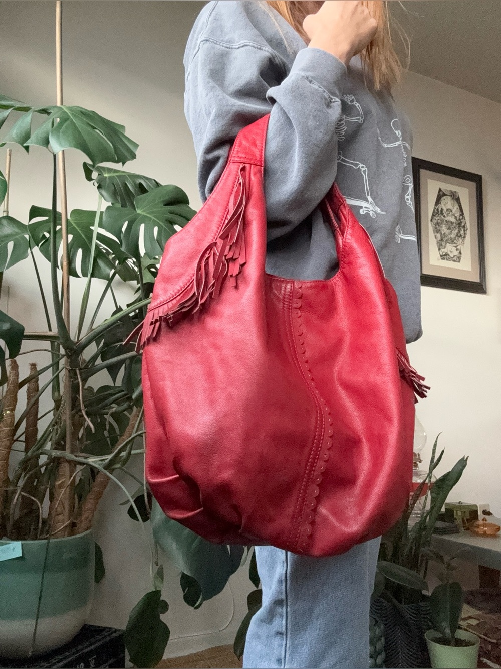 Red Leather Niki Jodi Fringe Hobo Bag